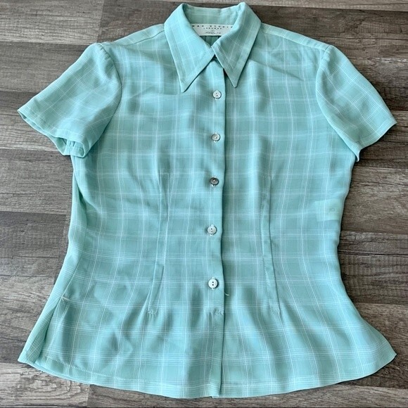 Max Studio Mint Green blouse windowpane plaid shirt short sleeve collar size S - Picture 1 of 10